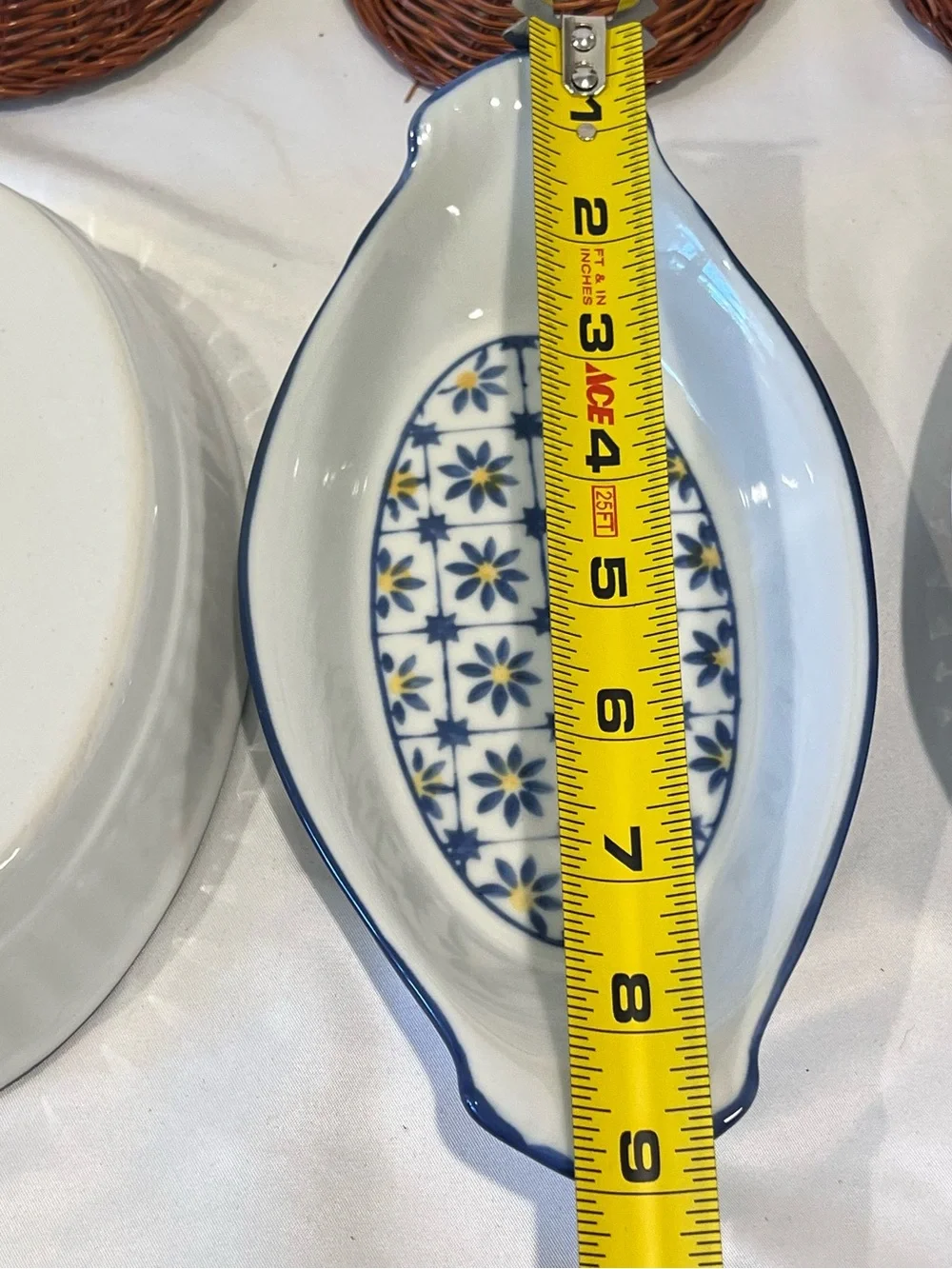 Blue Yellow Floral Ceramic Dishes Set of 3 Wicker Baskets